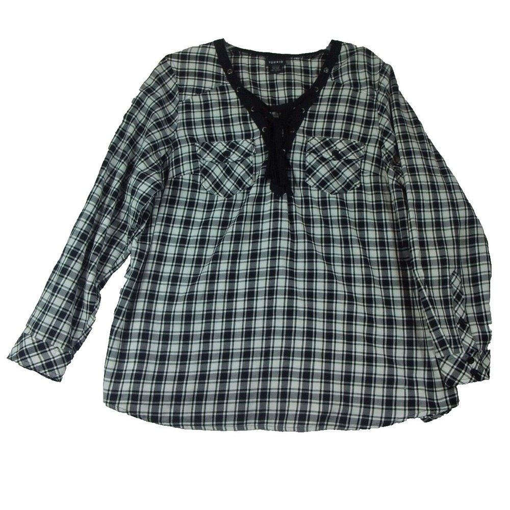 Torrid Women's Shirt Plus Size 1X Black Plaid Lace Up Notch Neck Long Sleeve
